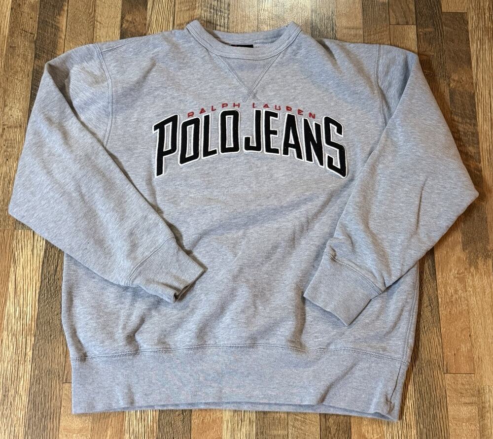 Vintage Polo Jeans Co. Ralph Lauren Sweatshirt Mens M Gray Spellout Embroidered